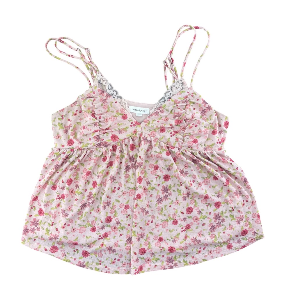 Stitch & Pine Babydoll Cami Women M Pink Floral Lace Ruched Top Coquette Cottage